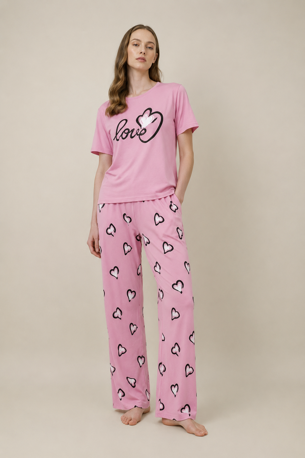 Women's Love Print Pink Night Suit – Soft Graphic T-Shirt & Heart Pajama Set